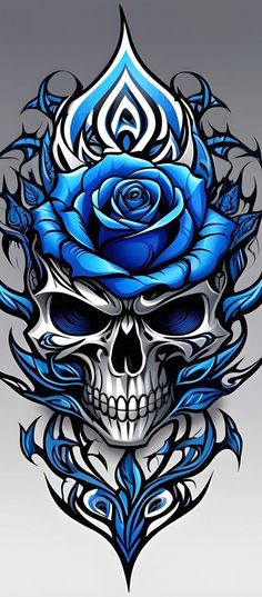 a skull with blue roses on it's head is shown in this tattoo design