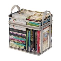 a clear storage box filled with lots of books