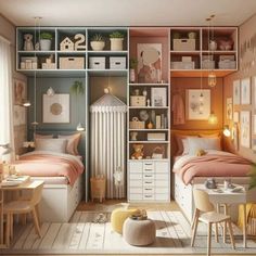 a bedroom with two beds, desk and shelves filled with bookshelves in pastel colors