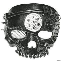 This mask is an interesting mix of steampunk, pirate, and horror! Mask is metal-like and skull shaped without the jaw, with mesh over one of the eyeholes and a large silver gear in the middle of the forehead. One size fits most adults. Steam Punk Mask, Punk Mask, Skeleton Mask, Horror Mask, Zombie Vampire, Steampunk Mask, Horror Masks, Drawing Simple, Steampunk Accessories