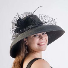 Tiffany Style Wide Down Brim Black Dress Hat - KaKyCO Formal Wide Brim Sun Hat For Royal Ascot, Wide Brim Straw Hat For Kentucky Derby Evening, Formal Wide Brim Straw Hat For Royal Ascot, Evening Fedora Straw Hat, Kentucky Derby Evening Wide Brim Straw Hat, Party Wide Brim Sun Hat, Elegant Black Summer Hat, Black Brimmed Sun Hat For Kentucky Derby, Formal Brimmed Sun Hat For Kentucky Derby