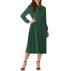 Allegra K A-Line Flowy Dress for Women's Long Sleeve Tie V Neck Pleated Maxi Dress Elastic Waist Long Sleeves Ruffled Hem Tie Neck Midi Pleated Regular Fit Fall Dress Size: XL.  Color: Green.  Gender: female.  Age Group: adult. Modest Midi Dress, Pleated Shirt Dress, Plain Maxi Dress, Long Sleeve Velvet Dress, Square Neck Dress, Fall Dress, Long Dress Casual, Pleated Maxi Dress, Midi Dress Casual