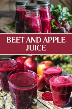 beet and apple juice in glass cups on a table