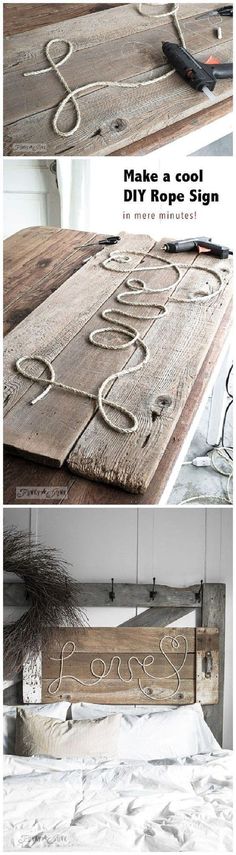 the instructions for how to make a diy rope sign with wood planks and wire