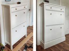 two pictures side by side of a white dresser with drawers and tools on the floor