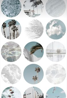 a collage of palm trees and clouds in different shades of blue, white and grey