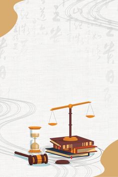 an illustration of a balance scale with books and a hammer on the ground next to it