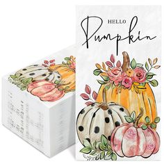 a card with pumpkins and flowers on it next to a box that says hello pumpkin