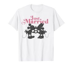 mickey and minnie just married t - shirt with pink lettering on the front, white