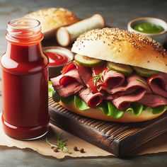 a sandwich with meat, lettuce and tomato sauce on a cutting board next to some condiments