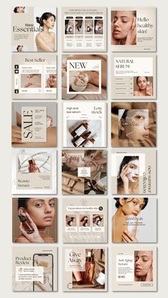 This is the new Beauty Skincare Templates Package, made and fully editable with Canva. The most important thing is that the product includes everything to help you grow your small business from advertising, marketing, daily posts, stories, carousel, highlight icons, ... Small Business Ig Feed, Beauty Social Media Template, Professional Instagram Feed Business, Beauty Template Design, Competition Social Media Design, Beauty Instagram Template, This Or That Design Instagram, Instagram Business Layout, Price Package Design