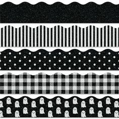 four black and white patterns with ghost faces on them, all lined up in the same row