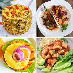 four different pictures of food including pineapples, chicken and rice with vegetables on the side