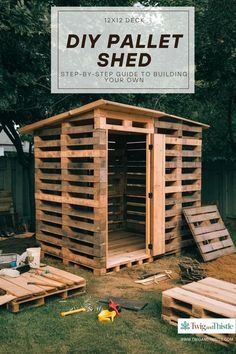 Pallet Shed Cabinet Made From Pallets, Wood Shed Made From Pallets, Pallet Wood Shed Plans, Pallet Sheds Buildings, Diy Pallet Shed Outdoor Storage, Build A Shed Diy Step By Step, Pallet Project Ideas, Diy Shed Flooring Ideas, Garden Pallet Ideas Diy Projects