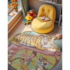 a child's room with a tiger rug and yellow chair