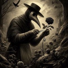 a painting of a man with a crow mask holding scissors in front of a rose