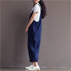 Details: Material: cotton-linen Style: Preppy style Season: spring, summer Color: Dark blue Size: One Size Length: 87.00 cm/ 34.25 " Bust: 102.00 cm/ 40.16 " Waist: 110.00 cm/ 43.31 " Hip: 118.00 cm/ 46.46 " Thigh: 71.00 cm/ 27.95 " Preppy Style Casual, Women Overalls, Overalls For Women, Cotton Overalls, Rompers Womens Jumpsuit, Wide Trousers, Cotton Jumpsuit, Estilo Preppy, Casual Rompers