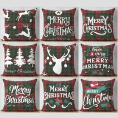 six christmas pillows with different designs on them