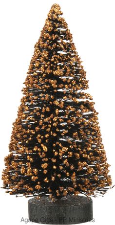 a small christmas tree with gold balls on it's top and branches in the shape of a cone