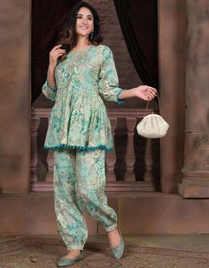 Trendy Party Wear Readymade Co-Ords Collection Fountain Blue Premium Chanderi Pant Suit Front View Co Ords Outfits Indian, Co Ords Outfits, Set Saree, Cotton Kurti Designs, Dress Design Patterns, Designer Dresses Casual, Boutique Dress Designs, Fancy Dress Design, Pant Suit