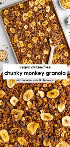 granola with bananas, nuts and chocolate in a pan on a white counter top