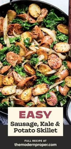 sausage, red potatoes, kale, onion and garlic in a pan seasoned with salt, pepper and thyme with lemon juice squeezed over top Potato Skillet Dinner, Sausage And Potatoes Skillet, Sausage And Potato Bake, Potato Skillet, Sausage Kale, The Modern Proper, Modern Proper, Easy Skillet Meals, Skillet Potatoes