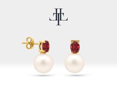 This pearl stud earrings are a beautiful jewelry, it made from 14K solid gold, with the addition of oval cut ruby. This combination of pearls, gold, and ruby can create a classic and elegant look, perfect for bridal jewelry. 4,00 mm Ruby Earring  Ruby                   :     App.  0, 26 ct  Pearl                   :     2 pieces (18,00 mm) Gram                  :     App.  0,87 GR Product Code   :     LES00005PR-1 4,90 mm Ruby Earring  Ruby                   :     App.  0,72 ct  Pearl Elegant White Ruby Earrings, 14k Gold Oval Pearl Earrings, Ruby Earring, Zierlicher Ring, Solitaire Necklaces, Gold Stud Earrings, Ruby Earrings, Stud Earrings For Women, Eternity Ring Diamond