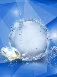 an abstract blue background with water bubbles and a round object in the center, on top of it