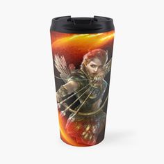 an image of a woman with bow and arrow on her back travel mugs, designed for