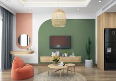 a living room with green and pink walls