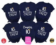 six birthday crew shirts with the number 10 on them