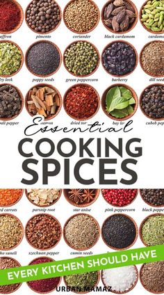 the cover of cooking spices is shown with many different types of spices and seasonings