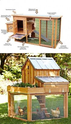 an outdoor chicken coop is shown with instructions to build it and how to use it