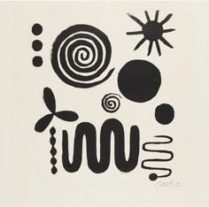 an abstract painting with black and white lines, circles, and spirals on a white background