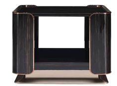 a black and gold side table with an open shelf on one end, the top is square