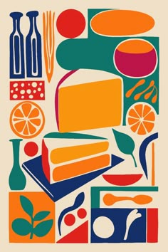 Retro Abstract Cheese Kitchen Poster Flat Colors Art, High Quality Images For Printing, Kitchen Abstract Art, Vector Art Poster, Food Abstract Art, Art Deco Images, Abstract Kitchen Art, Vibrant Art Style, Colorful Poster Design