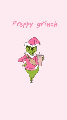 a pink background with an image of a green grin holding a coffee cup and the words prep