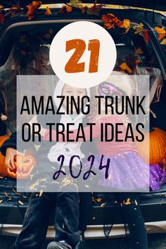 two children sitting in the trunk of a car with pumpkins and jack - o'- lanterns