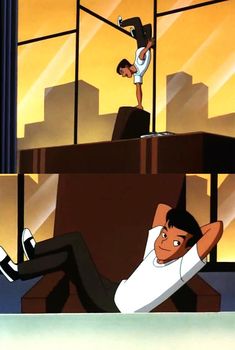 an animated image of a man doing tricks on the floor with another person in the background