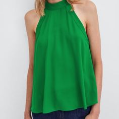 Neck Holder Blouse New In Green Trendy Sleeveless Solid Color Blouse, Sleeveless Solid Color Tops For Work, Chic Solid Color Spring Tank Top, Versatile Sleeveless Solid Color Top, Elegant Solid Color Summer Tops, Versatile Spring Blouse In Solid Color, Chic Sleeveless Blouse In Solid Color, Versatile Green Top For Spring, Versatile Solid Color Spring Top