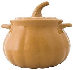 a brown ceramic pot with two handles and a lid on the front, sitting upright