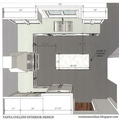 the floor plan for a small kitchen with an island and stove top oven, sink, cabinets, and counter tops