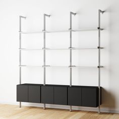 Modular Shelving Units - Aluminum Shelves + Wood Cabinets Aluminum Shelves, Shelves Wood, Wood Shelving, Shelving Design, Frame Shelf, Modular Shelving, Shelving Units, Modern Shelving, Low Shelves