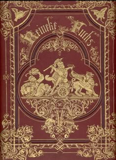 an old book with gold trimming and ornate design on the cover, in red