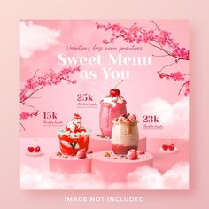 a pink poster with three desserts on it