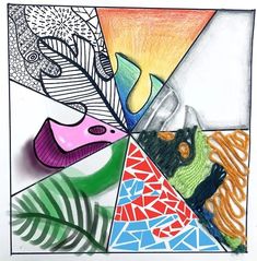 a drawing with many different colors and shapes on it's surface, as well as leaves