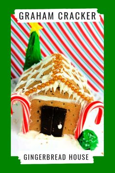 the gingerbread house is decorated with candy canes