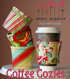 three coffee cups stacked on top of each other with the words paper poppies handmade