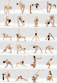 a series of photos showing different poses and postures for the woman to do yoga