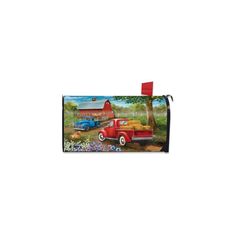 a mailbox cover with an old red truck and farm scene painted on the front